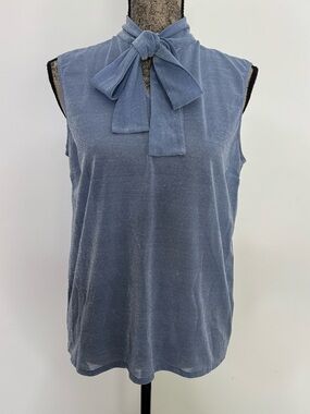 Roberto Collina Metallic Knit Blue Bow Neck Sleeveless Shimmer Top Made in Italy